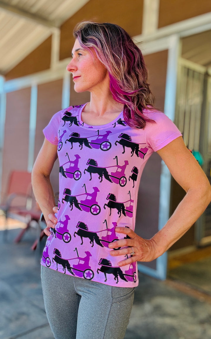 Women's Pink Driving Pony All-Over Print Athletic T-Shirt