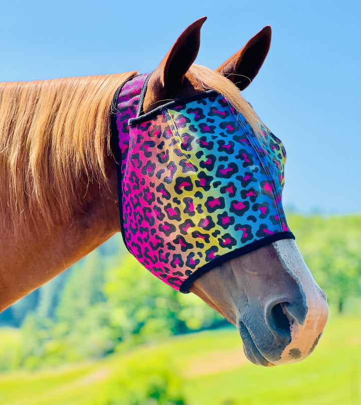 Rainbow Cheetah UV Fly Mask - Mini to Horse Size - Star Point Horsemanship