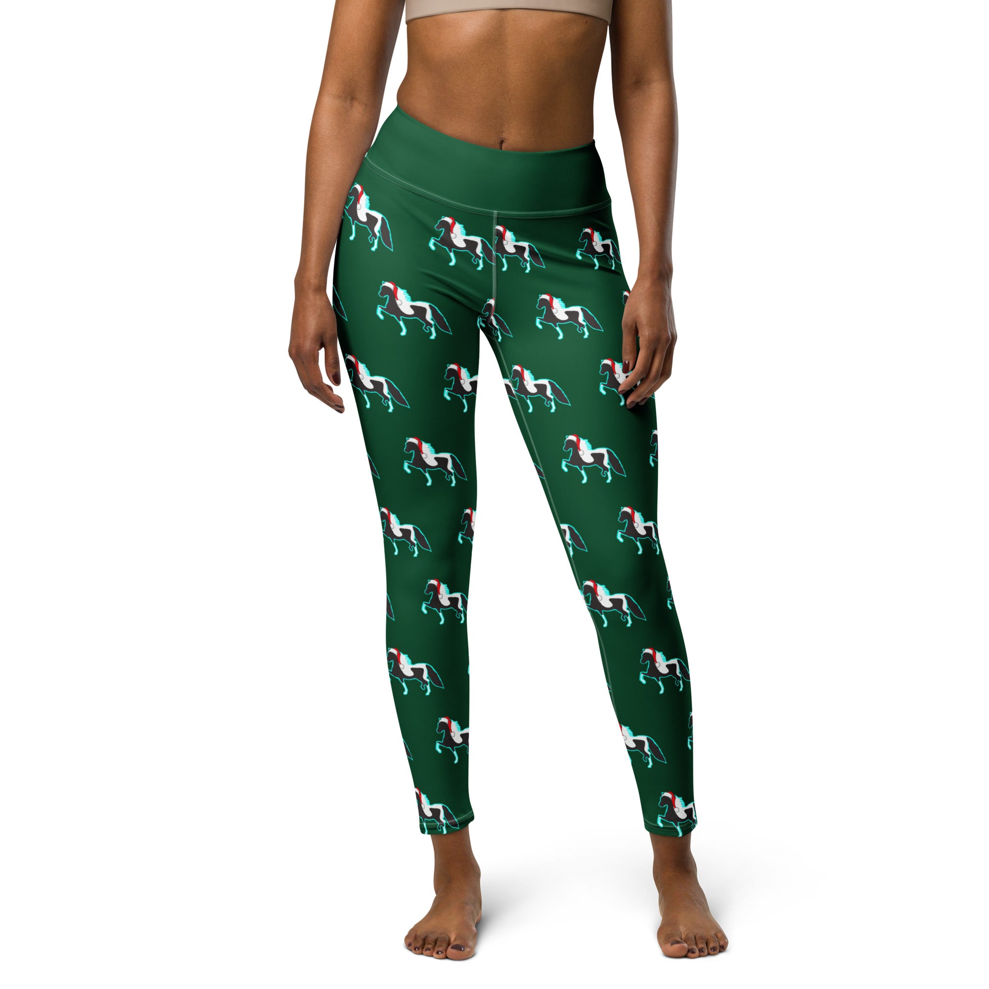 Santa Hat Christmas Pony Women s Yoga Leggings Dark Green